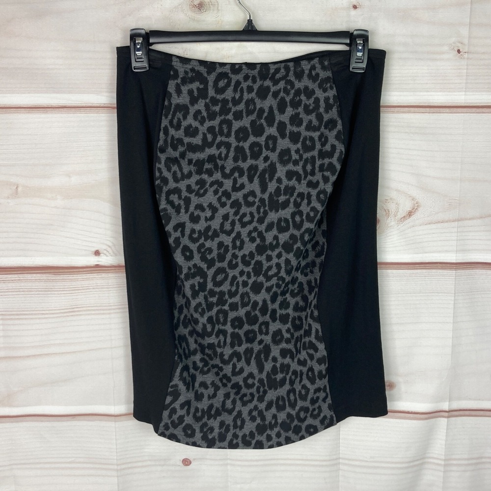 Chicos Skirt Womens 0.5 6 Black Gray Leopard Panel Knit Pencil Stretch Zipper